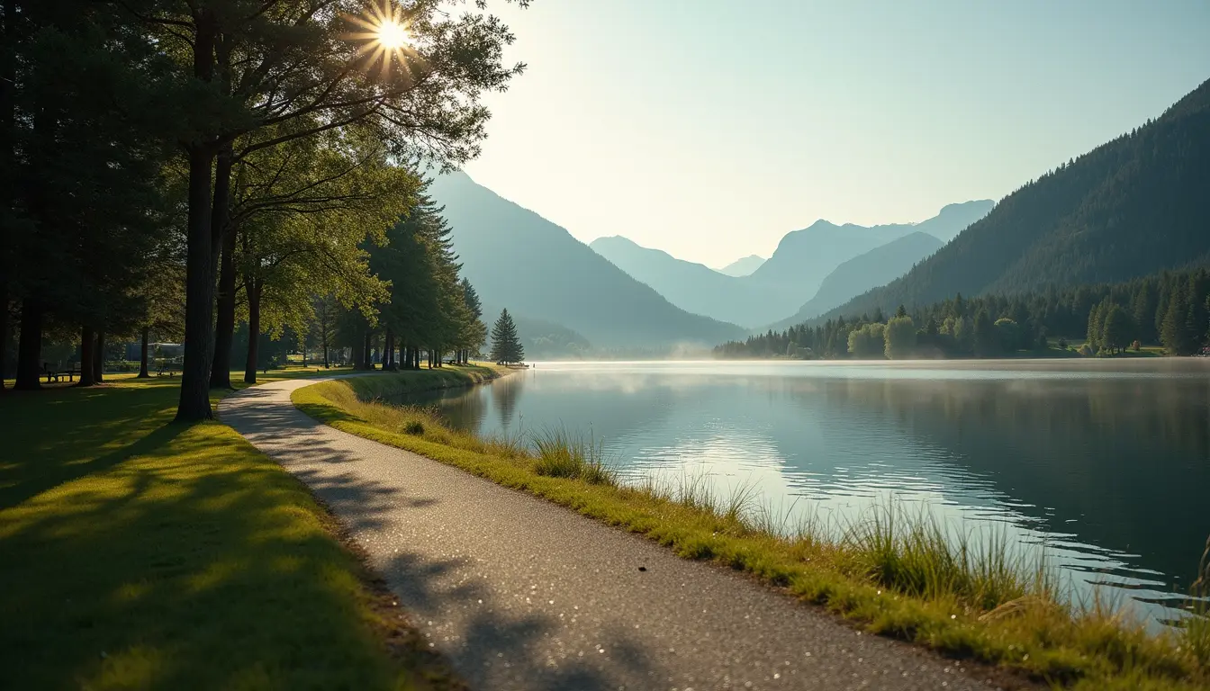 Eye-level view of a calm lakeside park in BC with walking paths