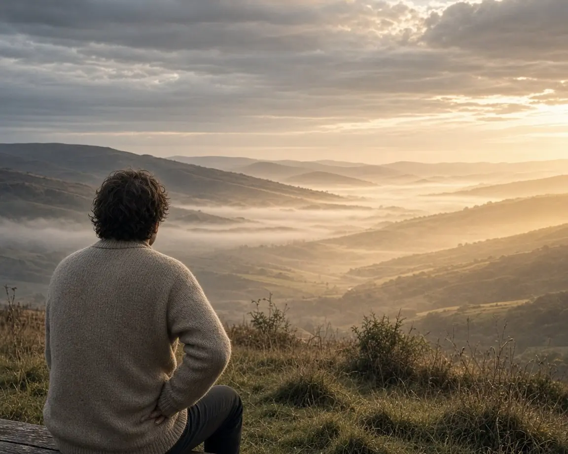 Illustration: a person on a bench at dawn, hand on their lower back, watching sunlight break through the clouds over a misty valley